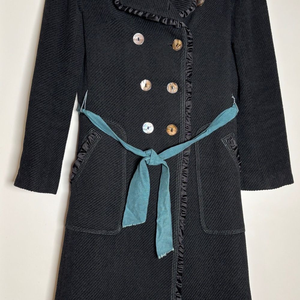 Rebecca Taylor Wool Black Coat with Teal Belt size 4 NWOT